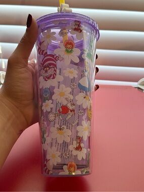 Alice in Wonderland Purple Floral Tumbler with Straw, Lid, & Topper- NWT